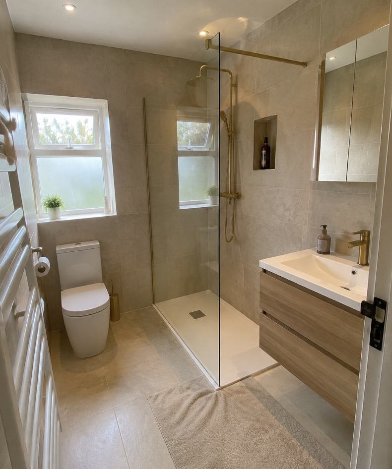 Bathroom with a navy vanity unit, metro tiling and a shower over the bath