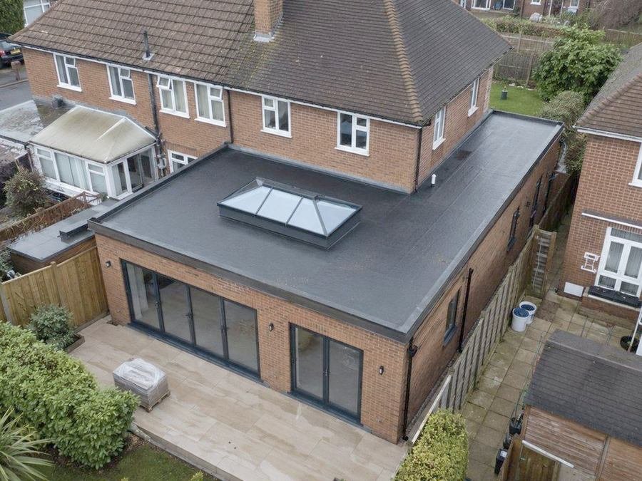 Completed rear extension from above showing the flat roof and lantern
