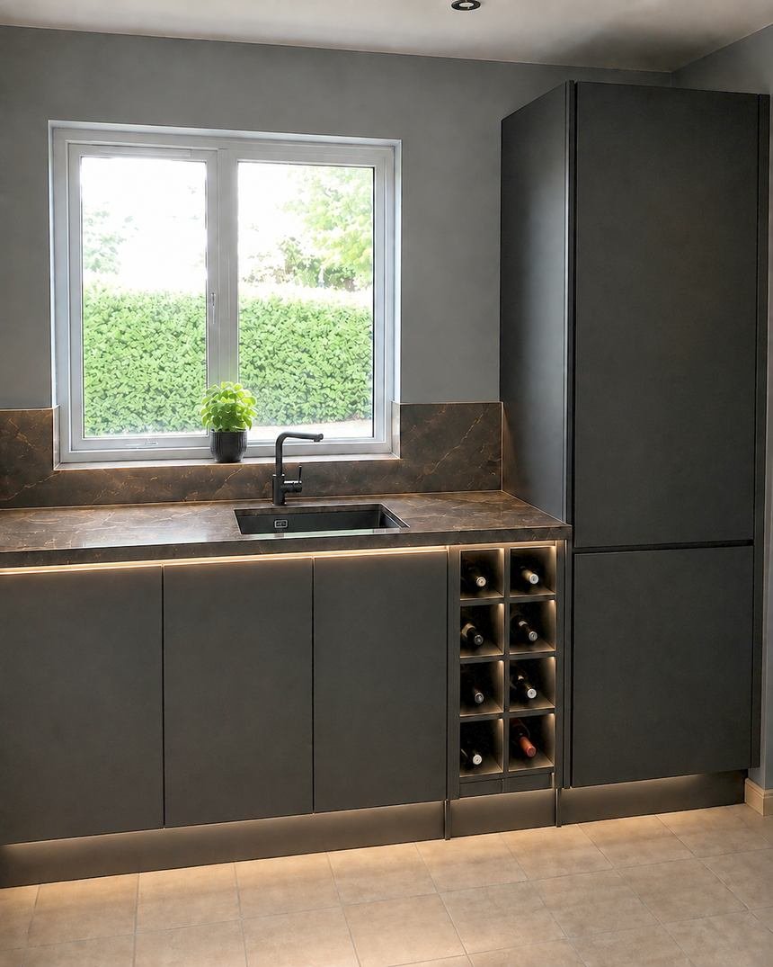 Black handleless kitchen with a marble worktop, wine rack and plinth lighting