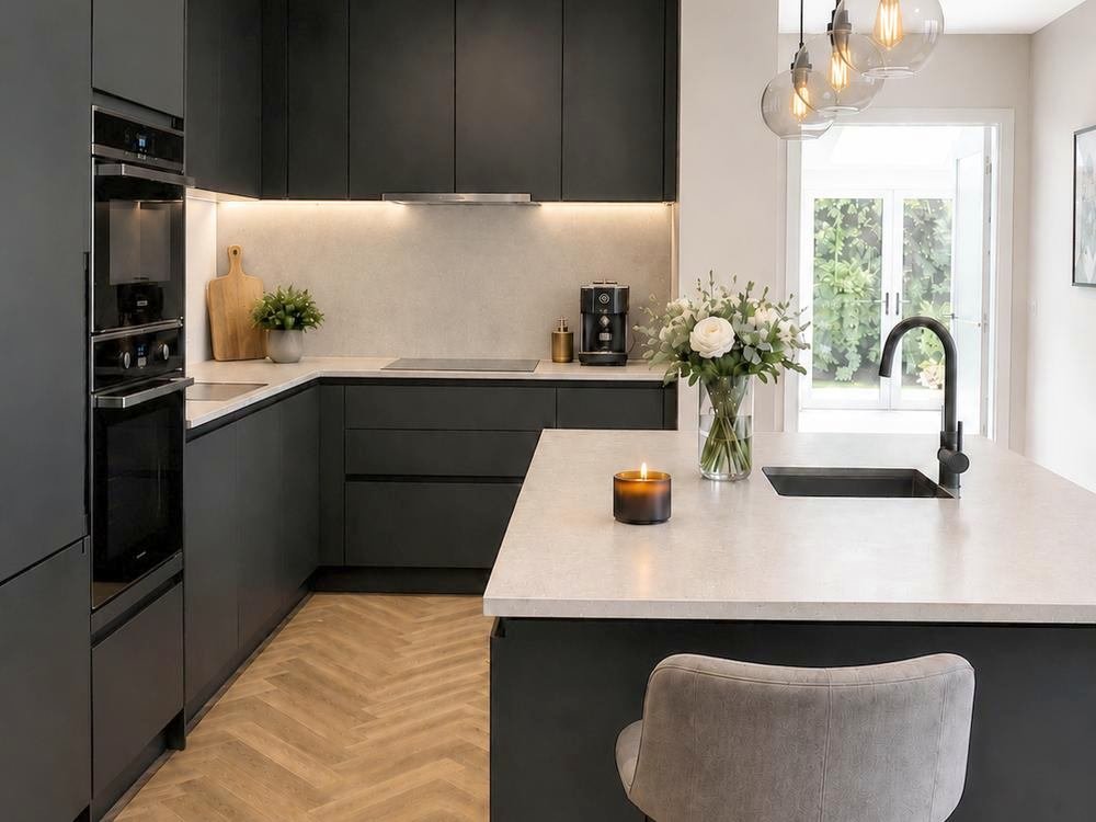Matte black handleless kitchen with a stone island and pendant lighting