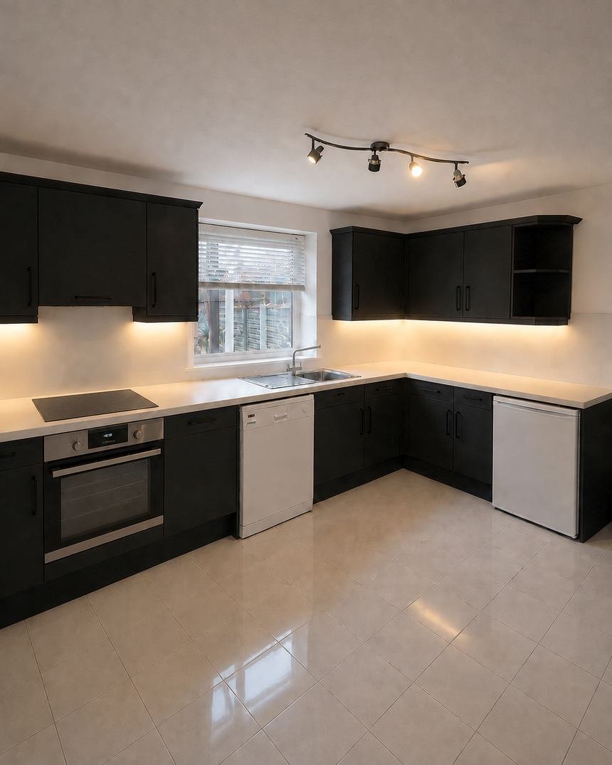 Black shaker kitchen with under cabinet lighting and a stone worktop