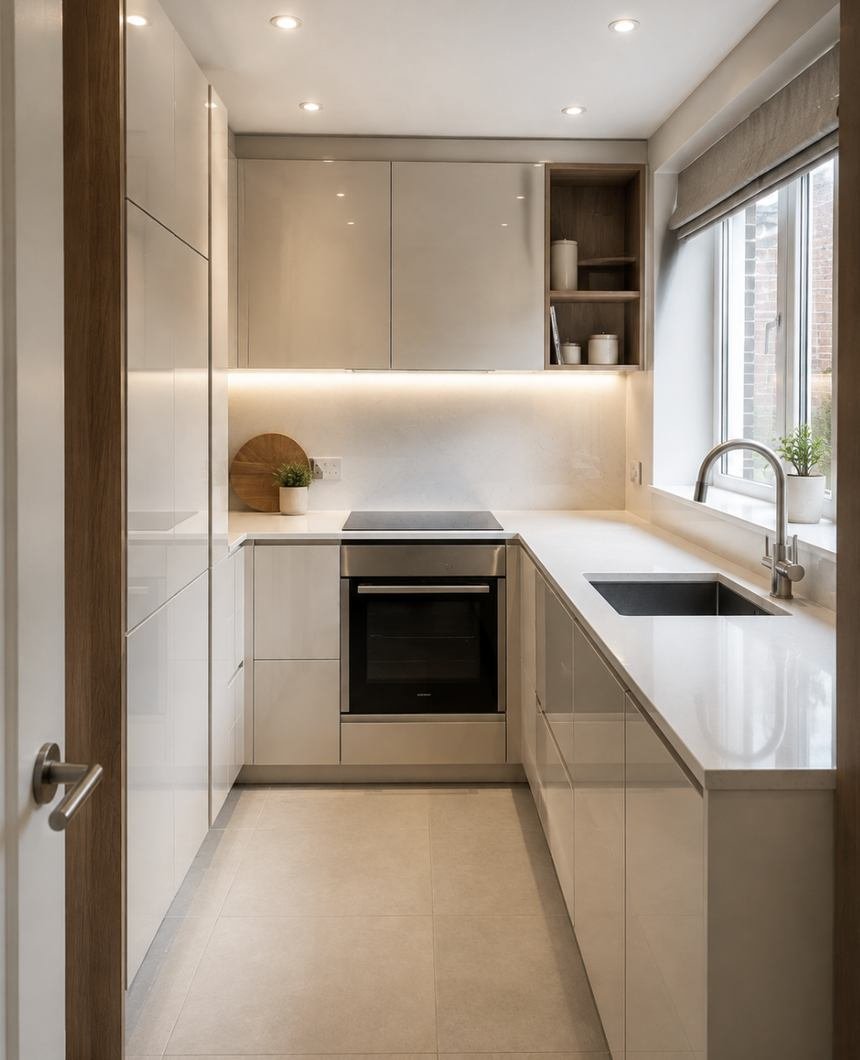 Cream gloss galley kitchen with integrated appliances and open shelving