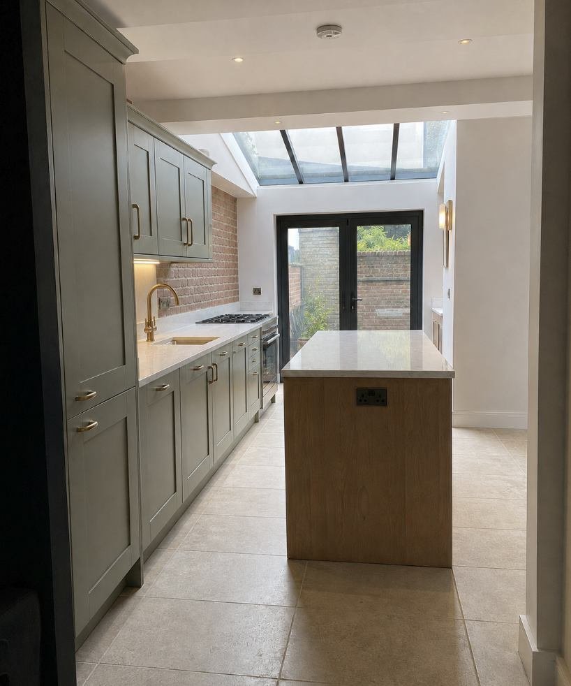 Sage green galley kitchen with a brick splashback, roof lantern and oak island