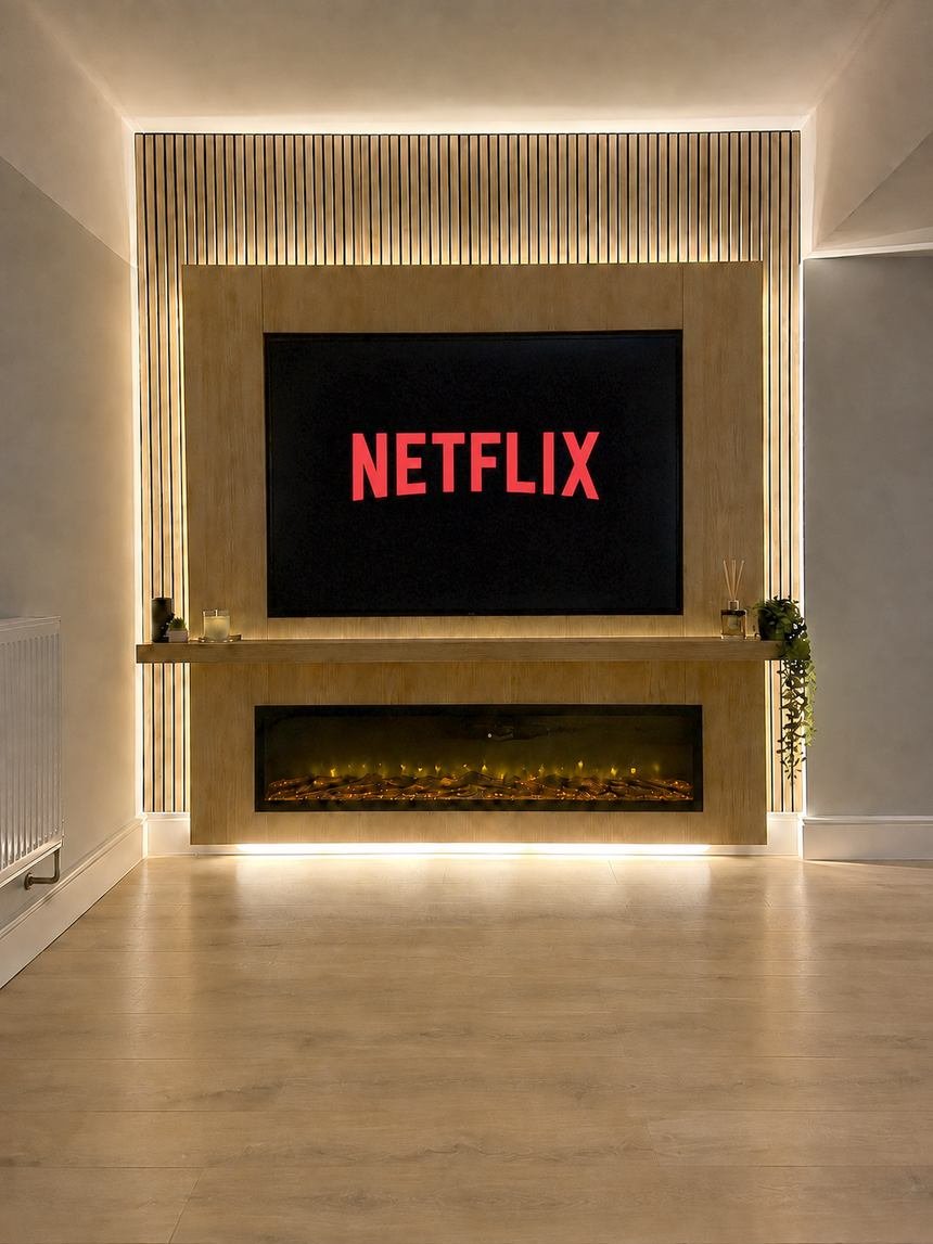 Media wall with a slatted panel, inset fire and warm cove lighting