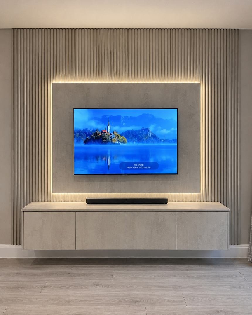 Slatted media wall with a floating unit and backlit recess